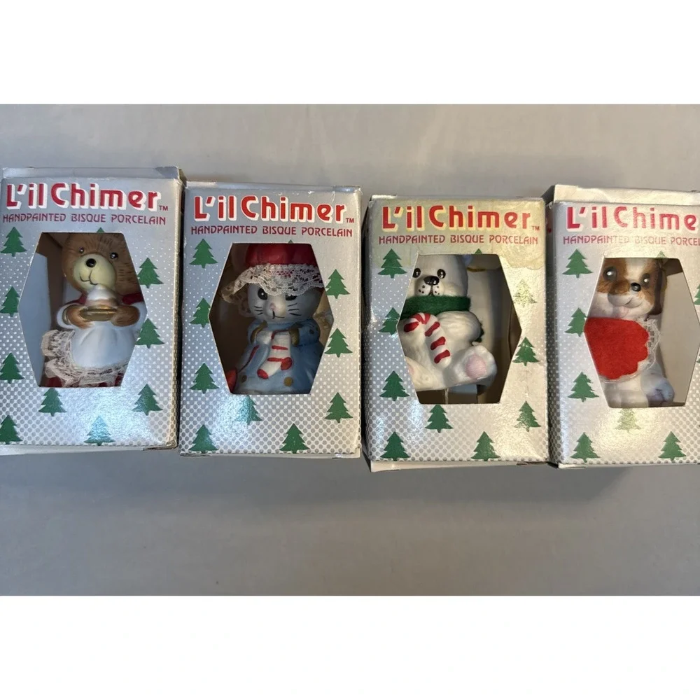 Lot of 4 Vtg Jasco L'il Chimers Christmas Bell Ornaments Porcelain w/ Boxes READ